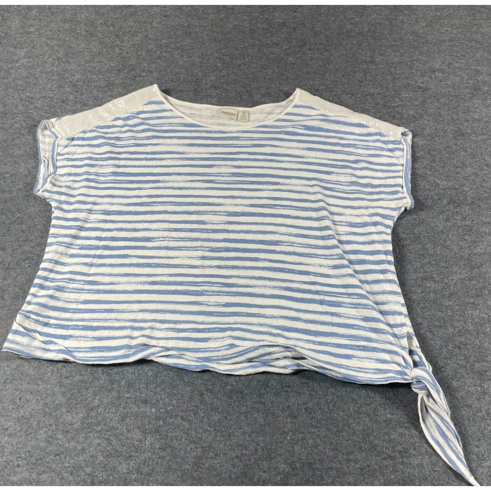 Chicos Top Women's 3 2XL‎ White Blue Striped Sequin Tie Up Cropped Stretch Beach